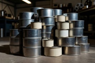 Stacked metal 35mm film print transport cans