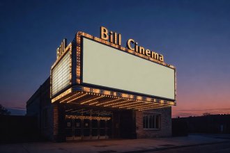 Vintage cinema canopy marquee lit against an evening sky